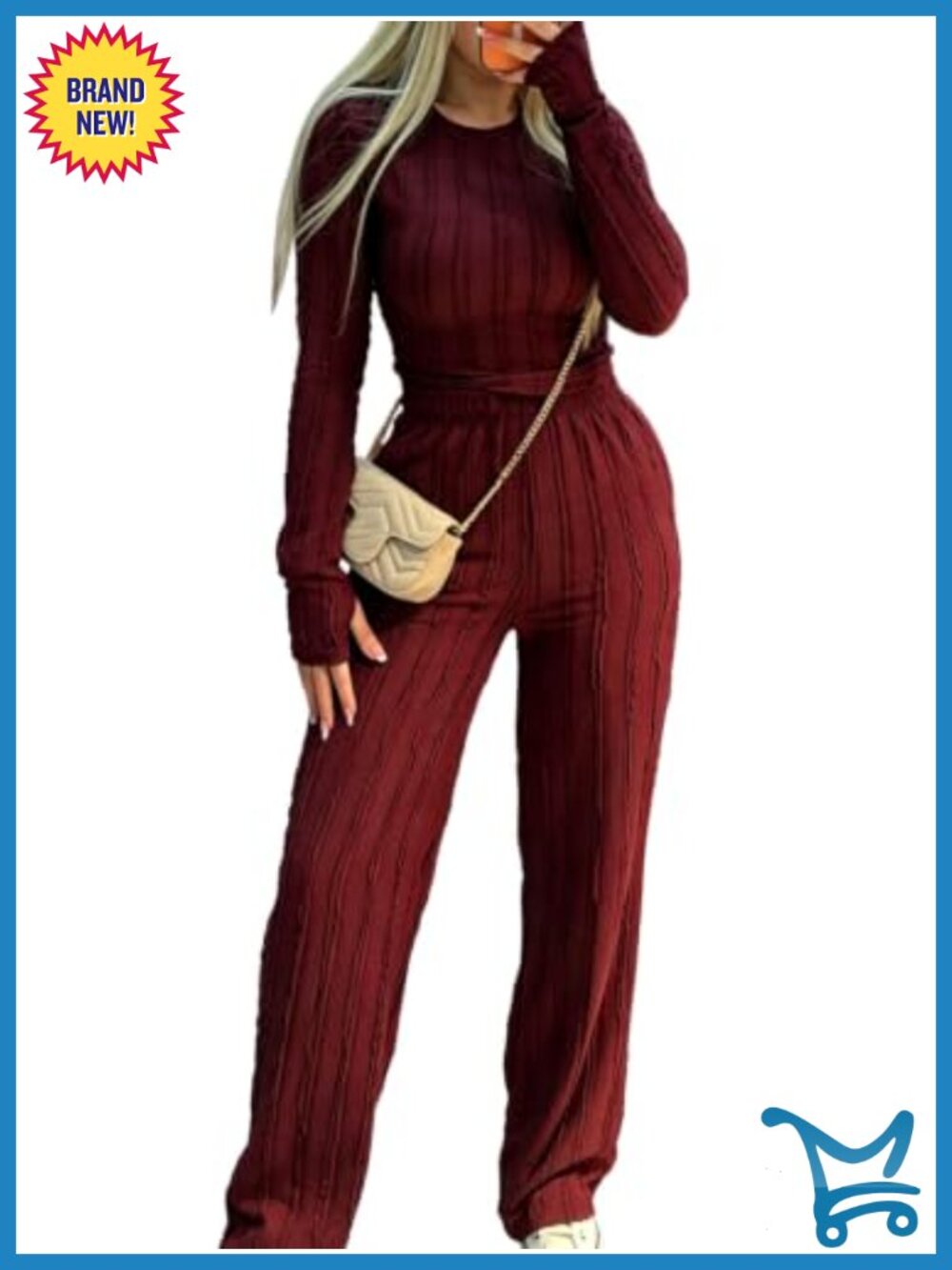 Women 2 Piece Ribbed Long Sleeve Tracksuit Set High Waist Wide Leg Pants